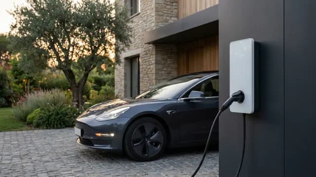 Borne de recharge murale pour véhicule électrique installée sur la façade d'une maison