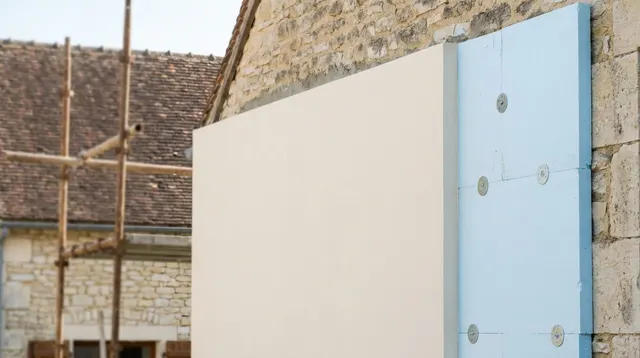 Façade de maison en cours d'isolation thermique par l'extérieur, enduit de finition clair
