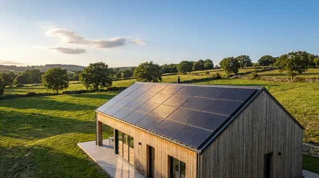 Panneaux solaires photovoltaïques couvrant la toiture d'une maison, vue aérienne
