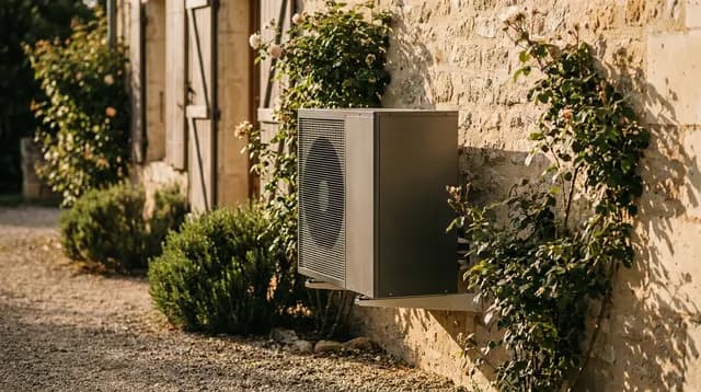 Unité extérieure de pompe à chaleur air/eau installée contre le mur en pierre d'une maison rénovée