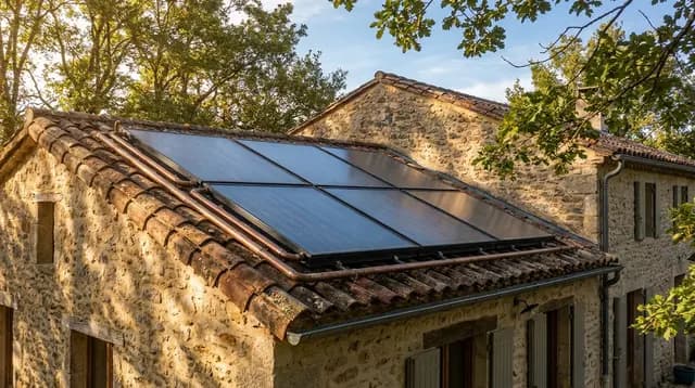 Capteurs solaires thermiques installés sur la toiture en tuiles d'une maison